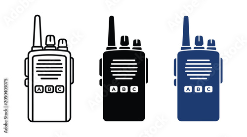 Three distinct walkie talkie radio communication devices displayed in black and dark blue styles as flat vector icons for modern mobile technology and professional hardware design