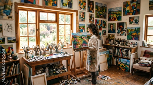 Female artist painting on canvas in her cozy sunlit art studio surrounded by paintings and art supplies