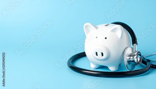 White ceramic piggy bank and stethoscope on light blue background