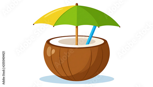 Pixel art coconut drink with a colorful umbrella and straw, tropical beverage, summer refreshment