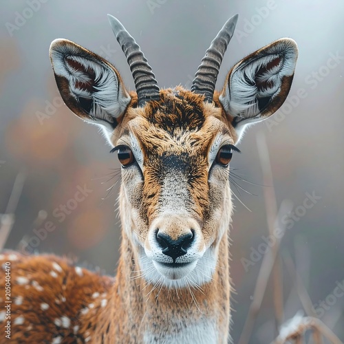 Close-up portrait of a giraffe in urban setting.