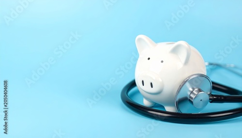 White ceramic piggy bank and stethoscope on light blue background