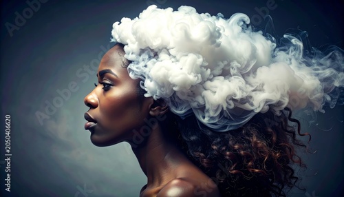 Woman with head in the clouds