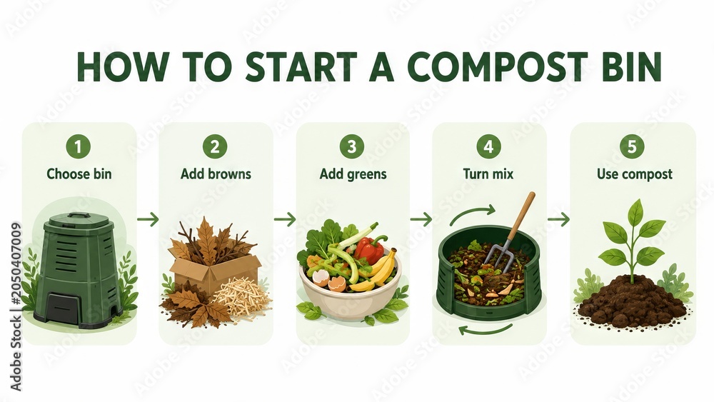 Fototapeta premium Infographic showing how to start a compost bin. Step by step guide for organic waste recycling at home. Gardening illustration for sustainable living and soil enrichment lifestyle