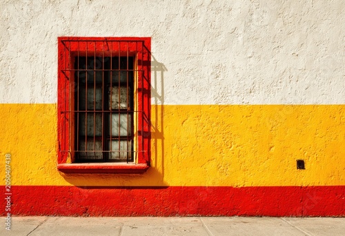Window with red frame and bars on a yellow & white wall, shadowed
