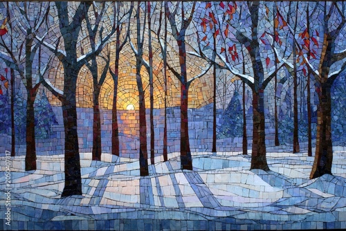 Winter forest mosaic with snow-covered ground and sunset