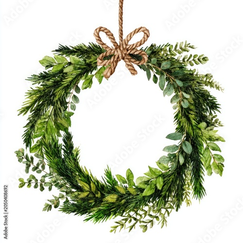 Watercolor wreath with lush green foliage, hanging by rope bow