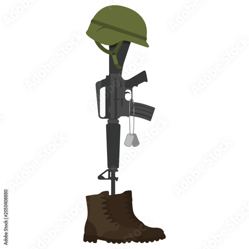 Fallen soldier battle cross memorial display with rifle helmet boots illustration, armed forces
