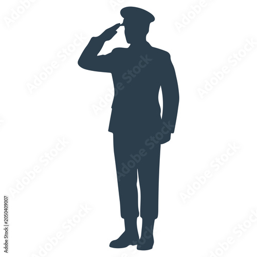 Silhouette of a male soldier in uniform standing at attention and giving a respectful military salute