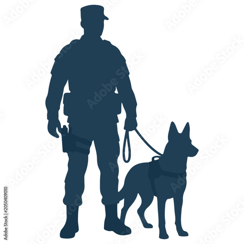 Silhouette of a police officer or soldier with a service dog on a leash silhouette military