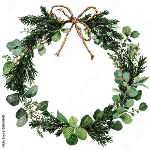 Watercolor wreath featuring green foliage, eucalyptus, and a jute bow