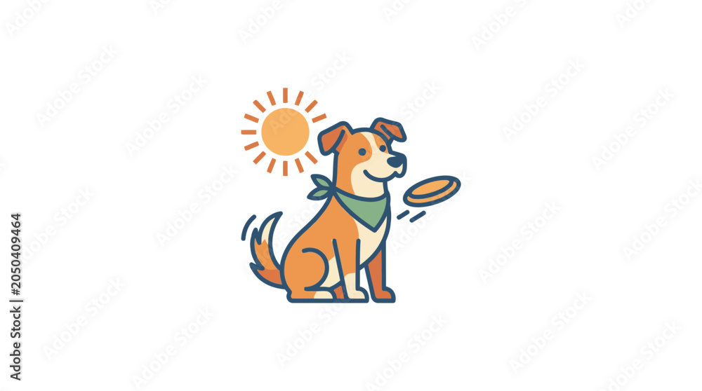 Fototapeta premium Cute Cartoon Dog Playing with Frisbee in Sunny Weather