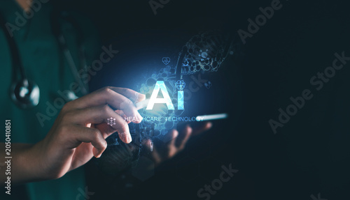 Doctor with AI healthcare technology hologram on digital tablet. concept medical artificial intelligence, DNA analysis, smart diagnostics, telemedicine solutions, future clinical data science.