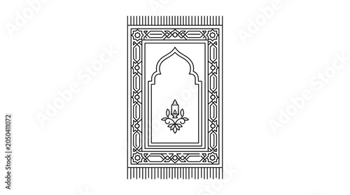 Photography Black and white line art illustration of an ornate Islamic prayer mat