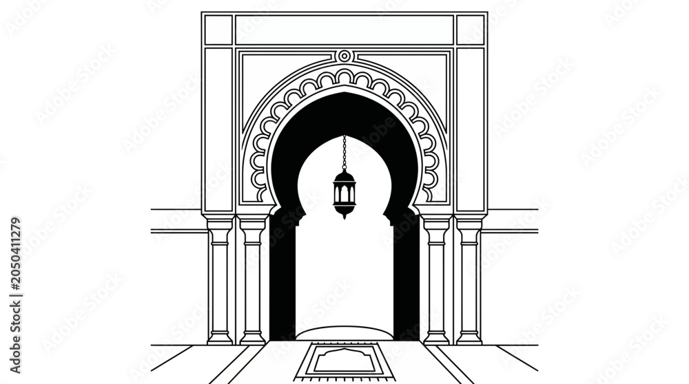 Fototapeta premium Black and white illustration of a traditional Islamic mosque archway entrance.