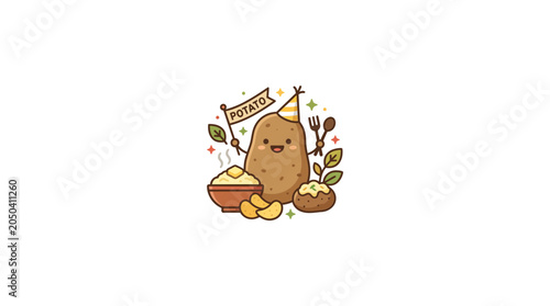 Cute Cartoon Potato Character With Food Dishes Illustration
