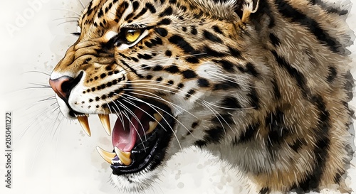 Realistic watercolor painting of a fierce roaring leopard