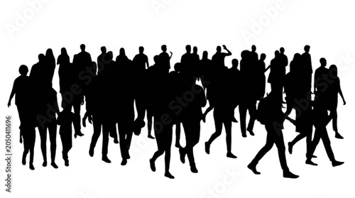 Large crowd of people walking together in black silhouette isolated on transparent background, Vector