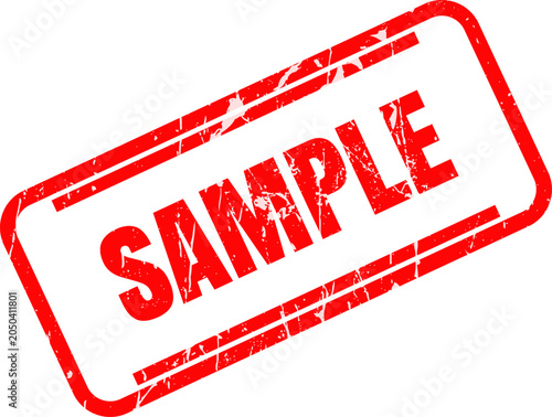 Red rectangular rubber stamp mark with the word sample written in distressed bold ink texture