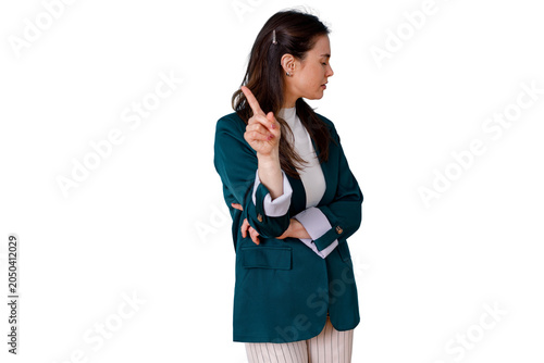 Bild auf Leinwand Woman making no gesture with wagging finger showing rejection, refusal, disagree
