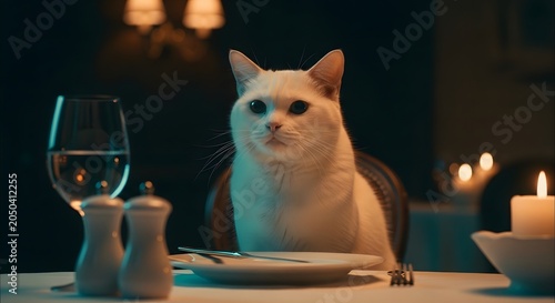 Elegant white cat dining at a candlelit restaurant table