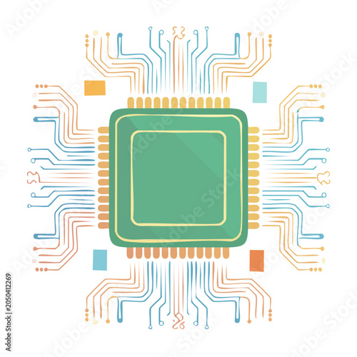 Green microchip with colorful circuit board connections