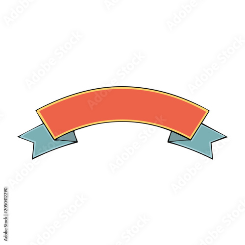 Red and blue ribbon banner with yellow outline