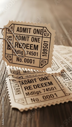 Admit one redeemable ticket stubs on wooden surface.