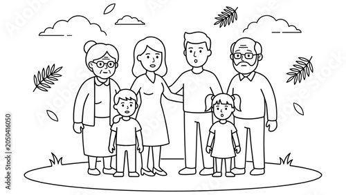 Fotografija Family standing together in park nature scene with trees and clouds line art illustration