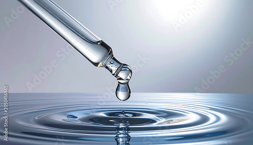 Pipette dripping clear liquid creating ripples on reflective water surface, scientific research, cosmetic serum application