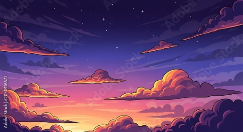 Vibrant animated sunset sky with colorful clouds and stars.