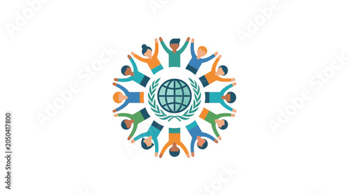 Slika na platnu Diverse People Unite Around Globe Emblem, Unity and Global Cooperation