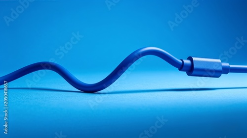 Wavy blue charging cable and connector plug on solid blue background