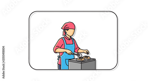 Chef Cooking Pancakes on Griddle, Street Food Vendor Making Breakfast