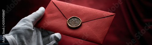 Sealed Secret: A hand in a white glove delicately holds a crimson envelope sealed with an antique wax emblem, against a rich, textured red background, hinting at mystery and important news.