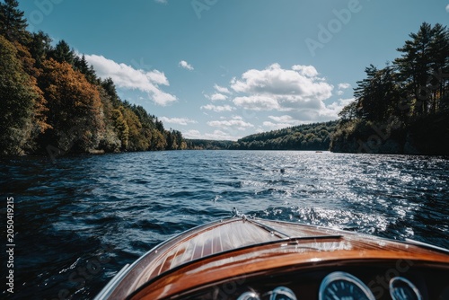 Wooden boat navigates calm lake, surrounded by trees under cloudy sky