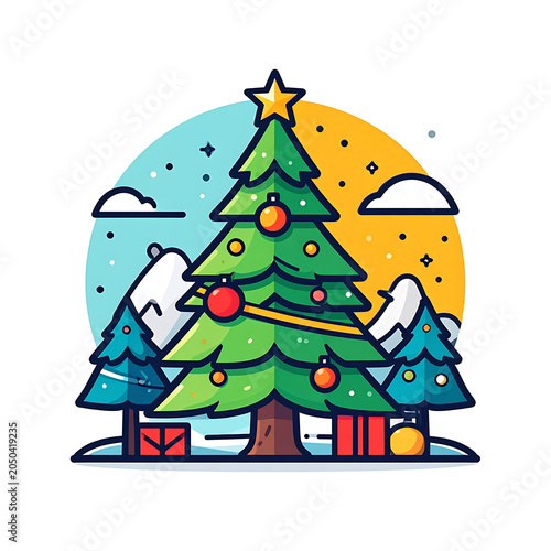 Pixel art christmas tree with gifts, surrounded by snowy mountains and winter weather, festive holiday scene