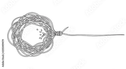 Detailed black and white line drawing depicting a complex, tangled structure with a distinct tail and internal particles, resembling a microscopic organism.