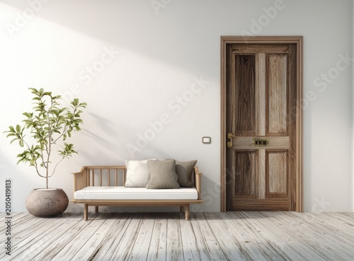 Sunny interior featuring wood door, bench, leafy plant, & light streaming across