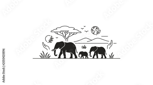 Photography Elephant Family Safari Silhouette with African Landscape and Earth Icon