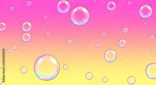 Numerous iridescent bubbles of various sizes floating against a vibrant pink, orange, and yellow gradient background.