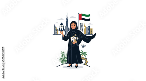 Emirati Woman Holding Space Rocket with UAE Landmarks