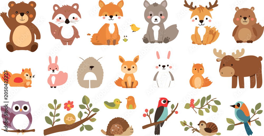 Fototapeta premium Cute Woodland Forest Animals Clipart Vector Set Featuring Baby Bear Fox Wolf Deer Owl Birds and Tree Branches for Kids Birthday Sublimation Designs