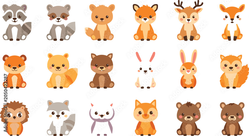 Obraz premium Cute Sitting Woodland Forest Animals Vector Set Featuring Baby Raccoon Bear Fox Deer Rabbit Owl and Hedgehog Characters for Children Nursery Art