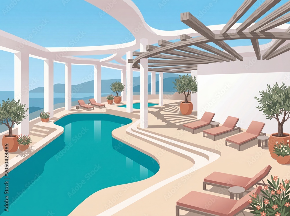 Fototapeta premium Flat Warm Summer Spa Resort Pool With Clean Website Hero Space Illustration