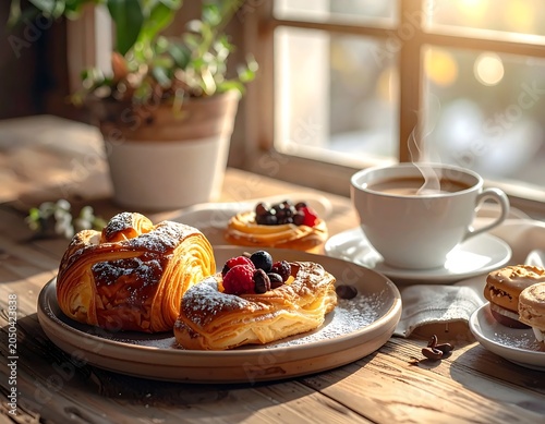 Delicious breakfast pancakes with fresh berries and syrup.