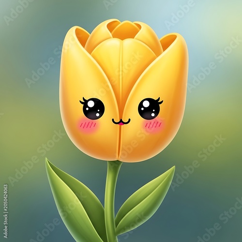 Adorable Yellow Tulip with Kawaii Face and Rosy Cheeks.