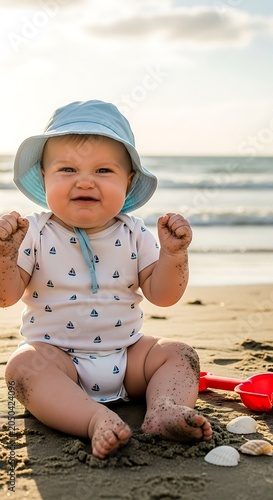Adorable baby enjoying a sunny day at the beach.