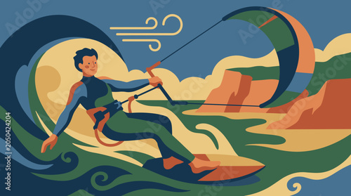 Kite surfer expertly riding coastal winds on a vibrant stylized illustration capturing dynamic motion colorful waves and a dramatic seaside landscape under a bright sky