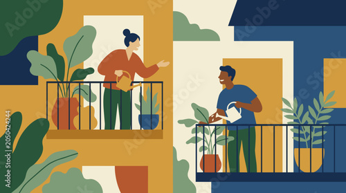 Two neighbors chatting across balconies with plants